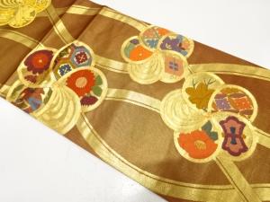 よろけ縞に捻じり梅・草花・宝尽くし模様織り出し　振袖用袋帯